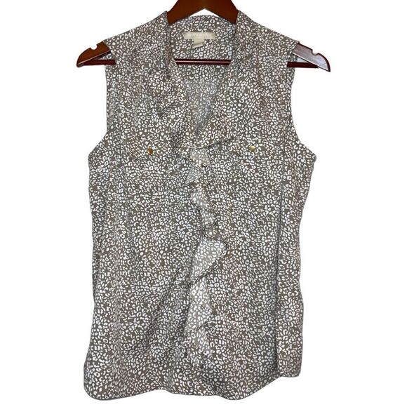 Banana Republic Sleeveless Tan and White Ruffle Animal Print Top Size LP - Picture 1 of 9